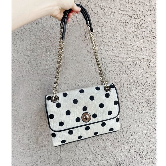 KATE SPADE Black & White Polka Dot Textured Natalia Chain Strap Flap Satchel Bag - Picture 16 of 17